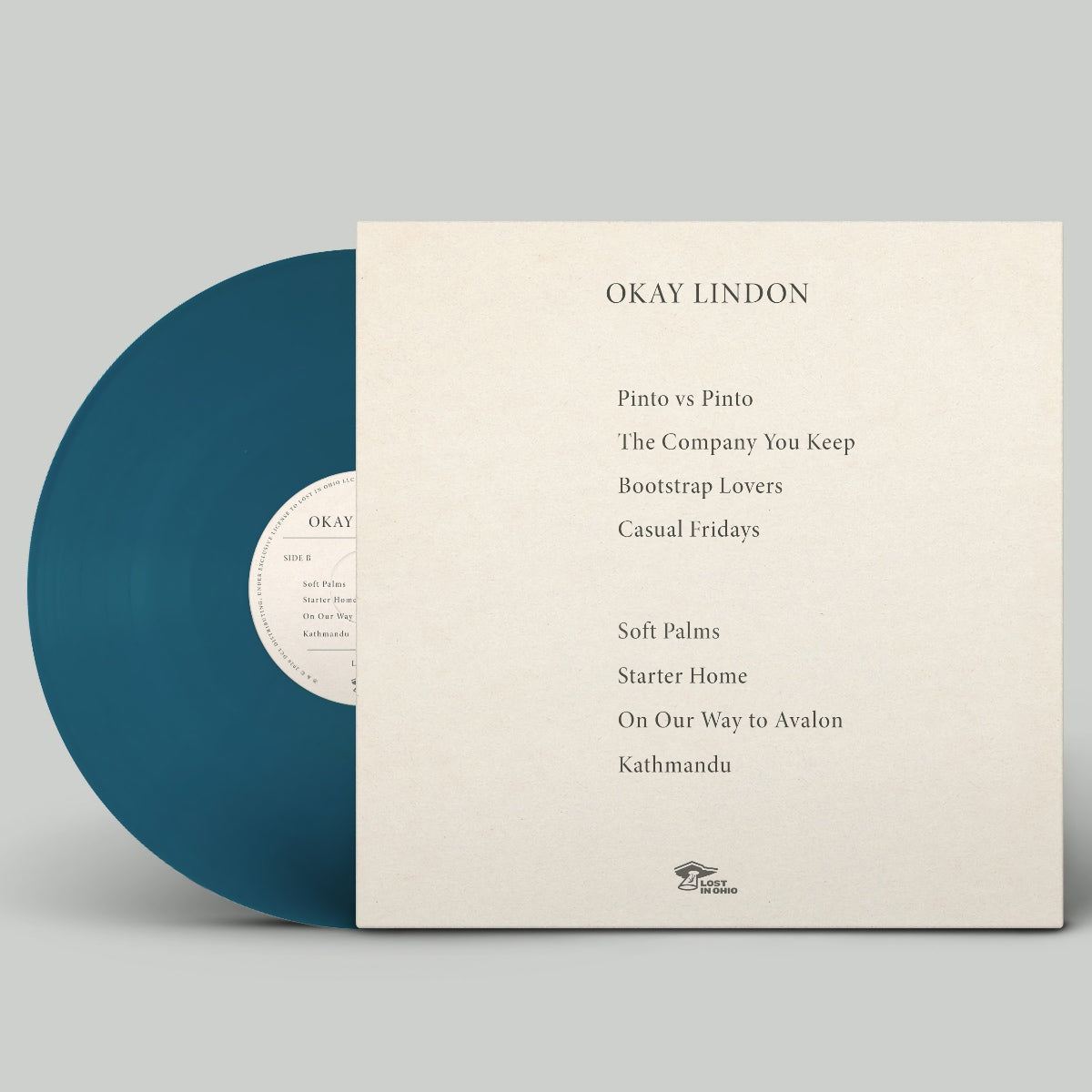 Vinyl record with a beige cover displaying tracklist on a gray background