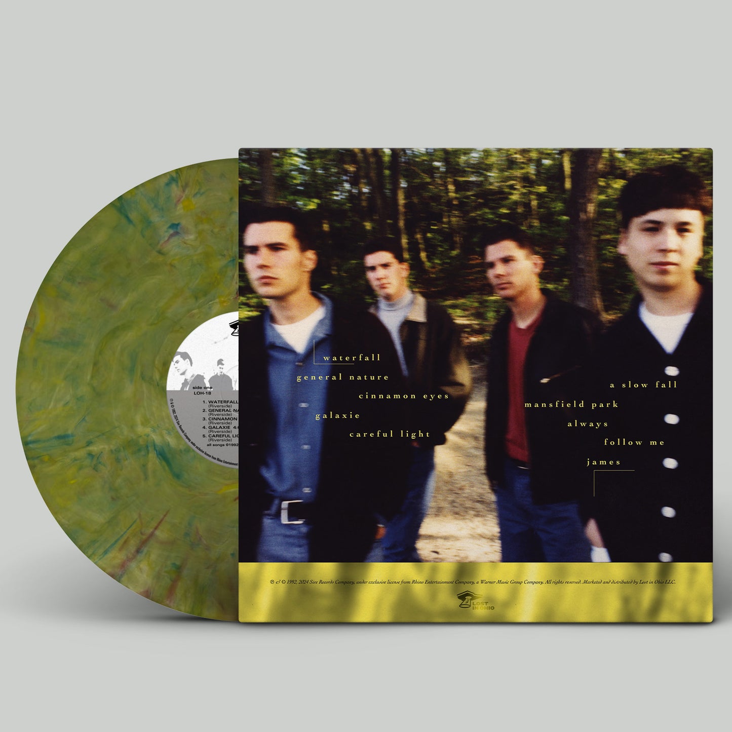 Vinyl record with a cover featuring four individuals in a forest setting on a gray background