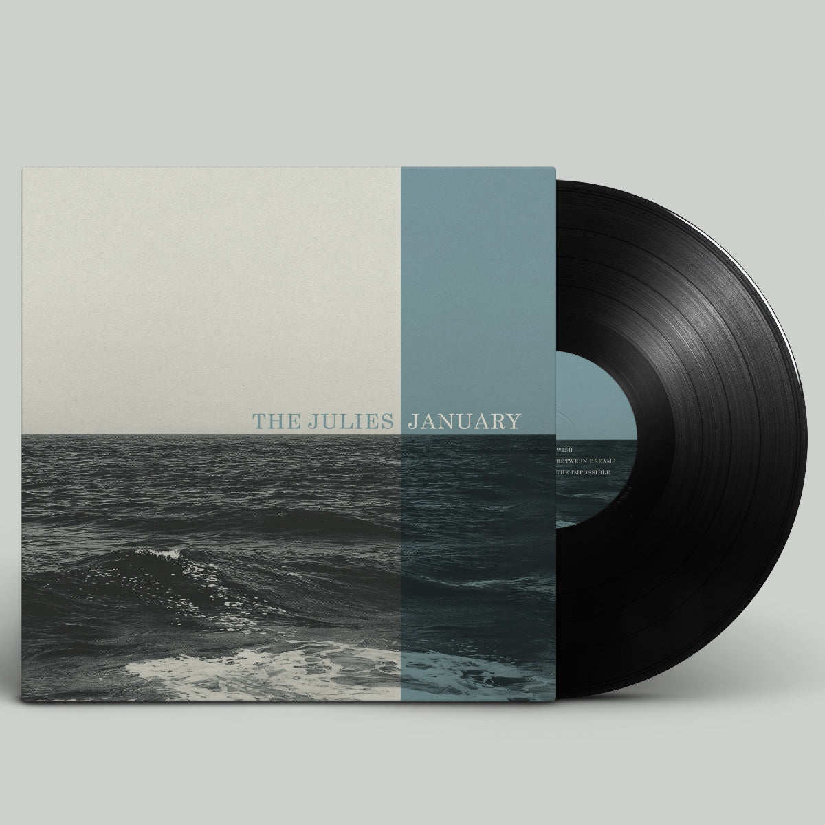 Vinyl record with a cover featuring an ocean scene and 'The Julies January' text on a light gray background.