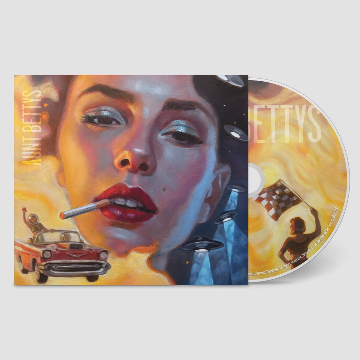 Compact disc with a colorful cover featuring a woman's face and a car, on a white background.