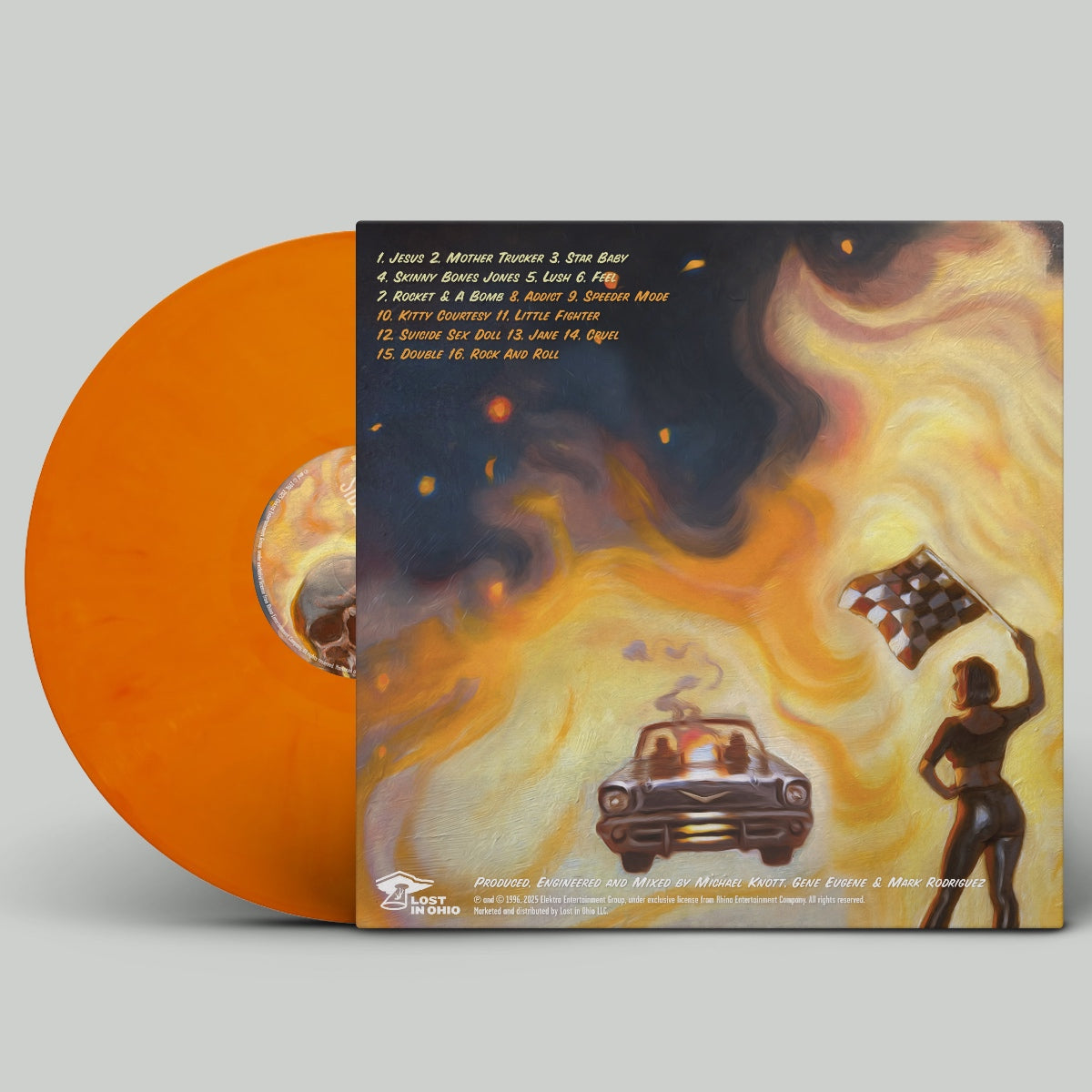Vinyl record with orange disc and colorful cover featuring a car and silhouette of a person.