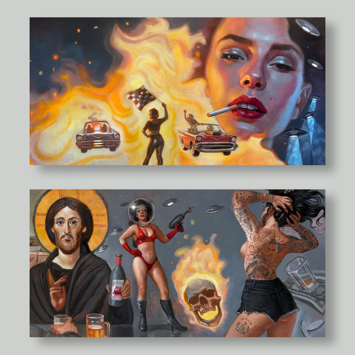 Two artistic panels with fiery backgrounds and various figures, including a woman smoking a cigarette and a person in a red outfit with a helmet.