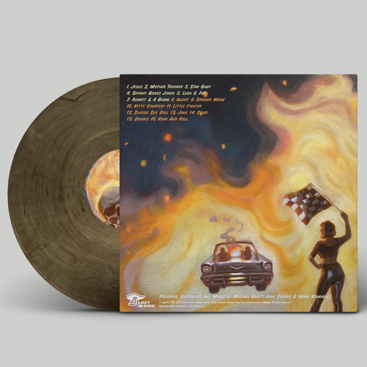 Vinyl record with a colorful cover featuring a car and a person against a fiery background.