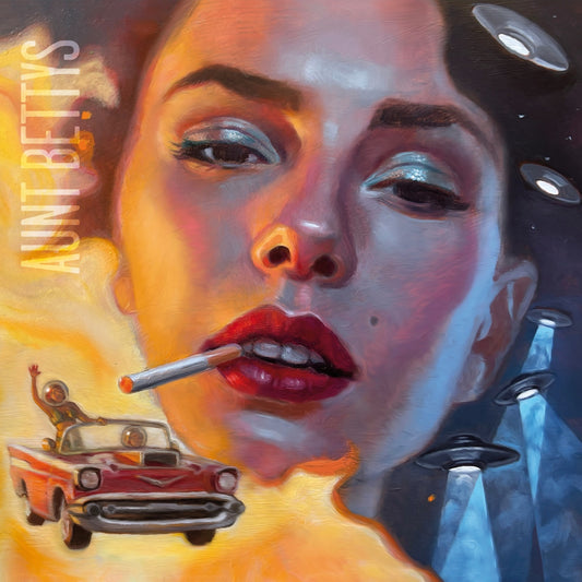Artistic depiction of a woman's face with a car and people in the background, featuring the artist's name.