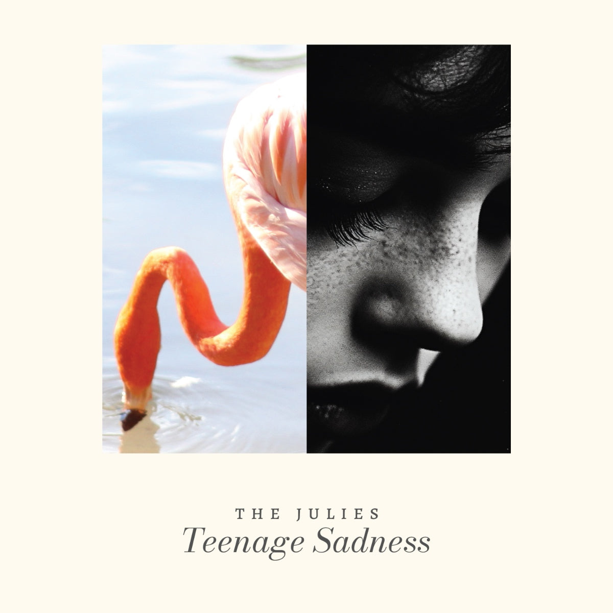 Album cover for 'The Julies Teenage Sadness' with a split image of a person and a worm-like object.